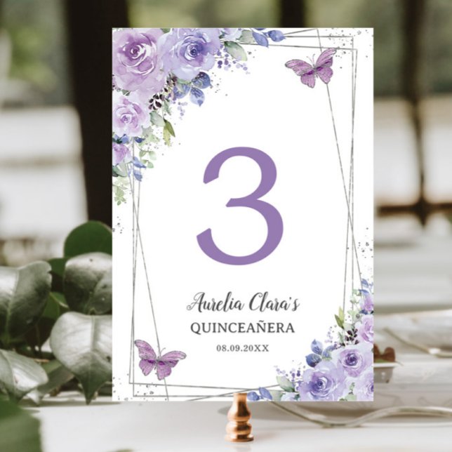 Numéro De Table Quinceañera Purple Lilac Floral Papillons Argent (Créateur téléchargé)
