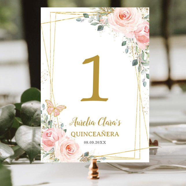 Numéro De Table Quinceañera Rose Pâle Floral Papillons Dorés (Créateur téléchargé)