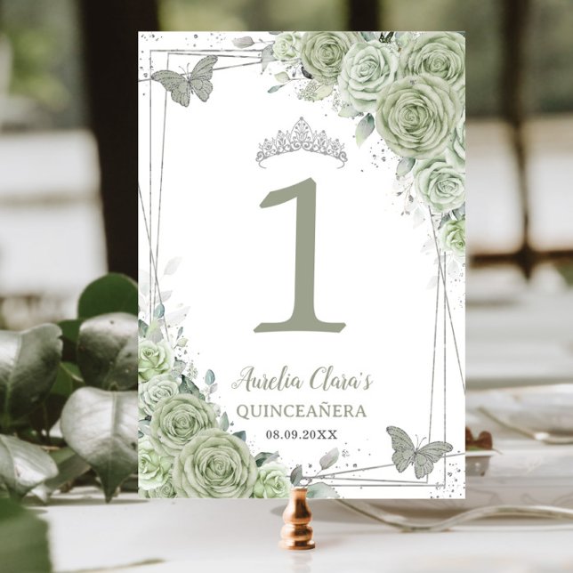 Numéro De Table Quinceañera Sage Green Floral Papillons en argent (Créateur téléchargé)