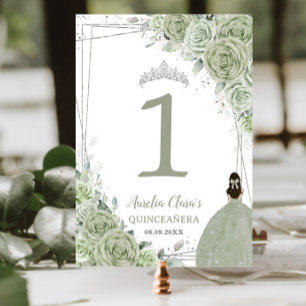 Numéro De Table Quinceañera Sage Vert Floral Argent Robe fille