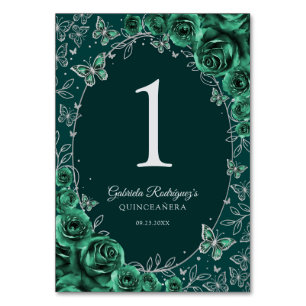 Numéro De Table Quinceañera Vert Émeraude Argent