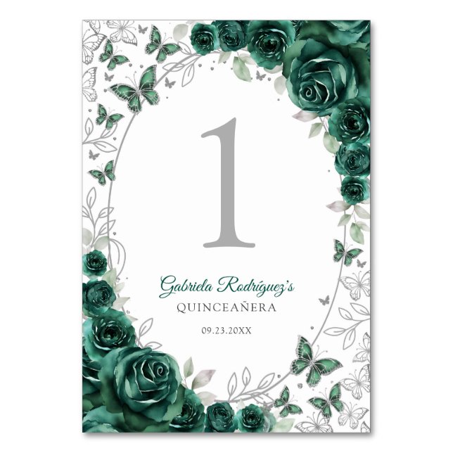 Numéro De Table Quinceanera Vert Émeraude Argent Floral (Par défaut)