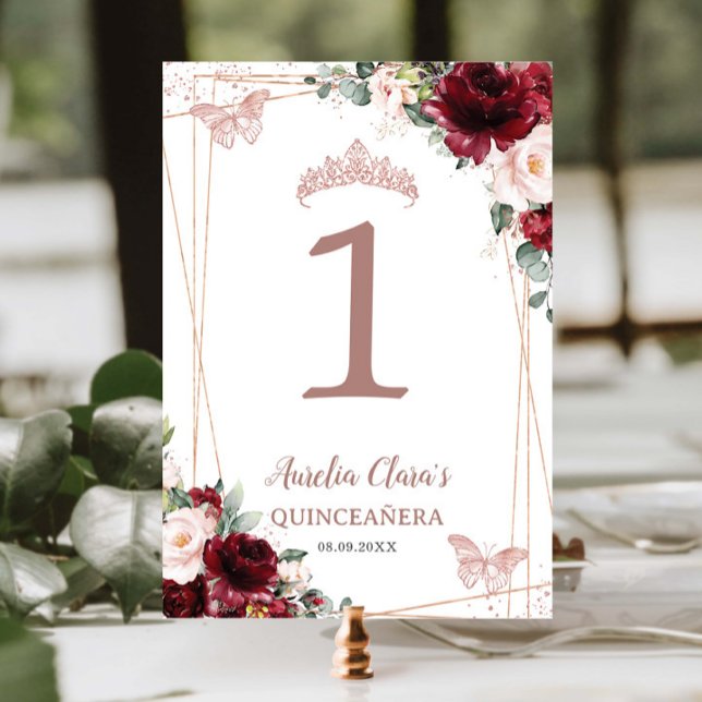 Numéro De Table Quinceañera XV 16 Burgundy Blush Floral Rose Gold (Créateur téléchargé)