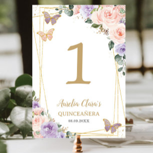 Numéro De Table Quinceañera XV Anniversaire Blush Purple Lilac Flo