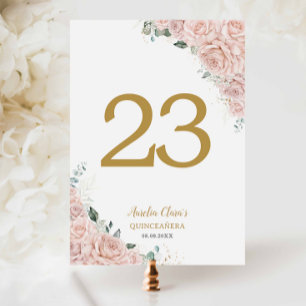 Numéro De Table Quinceanera XV Roses Roses Florales Rose Pâle Or