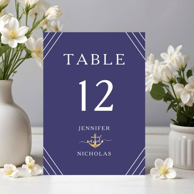 Numéro De Table Rayures Nautiques Ancre Dorée Bleu Marine Mariage (Nautical Stripes Gold Anchor Navy Blue Wedding Table Number)
