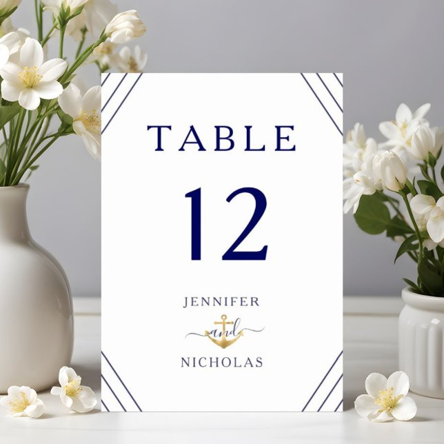 Numéro De Table Rayures Nautiques Mariage Ancre Or (Nautical Stripes Gold Anchor Wedding Table Number)