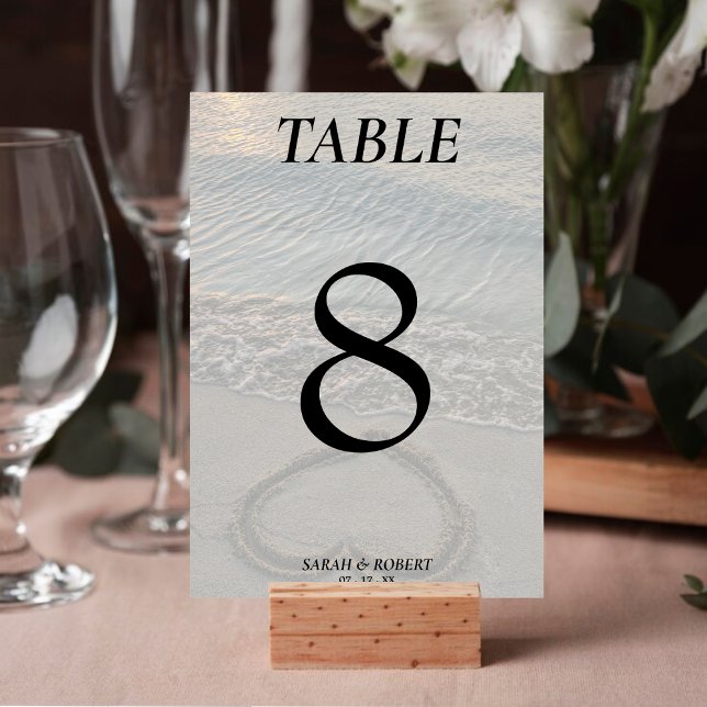 Numéro De Table Réception De Mariage De Coeur De Sable De Plage (Beach Sand Heart Wedding Reception Table Number)