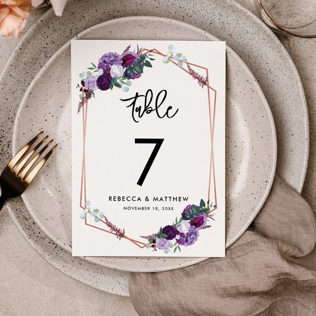 Numéro De Table Réception de mariage florale moderne violet (Purple Floral Wedding Reception Table Number Card)
