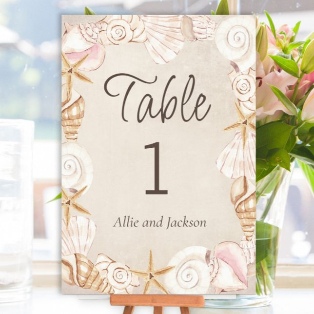 Numéro De Table Réception de mariage plage coquillages sable bord  (Seashell beach wedding table number card)