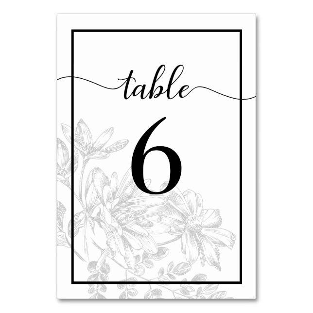 Numéro De Table Réception Noir Blanc Floral Chic Mariage (Dos)