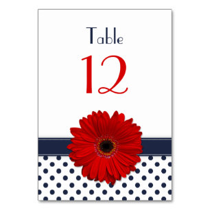 Numéro De Table Red Gerber Daisy Marine bleu blanc Polka Mariage