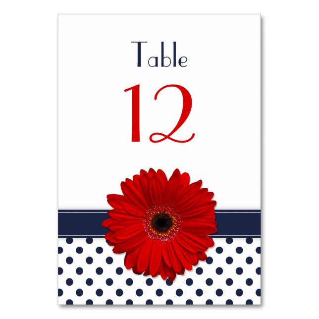 Numéro De Table Red Gerber Daisy Marine bleu blanc Polka Mariage (Dos)