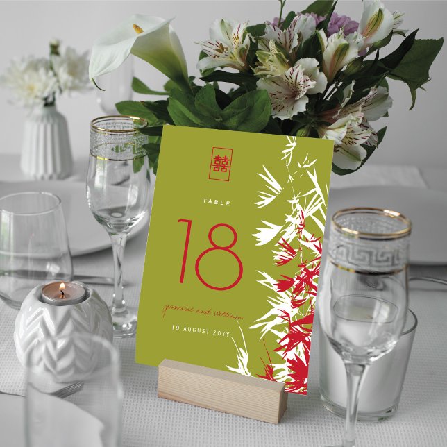 Numéro De Table Red & Jade Bamboo Feuille Mariage double bonheur (Créateur téléchargé)