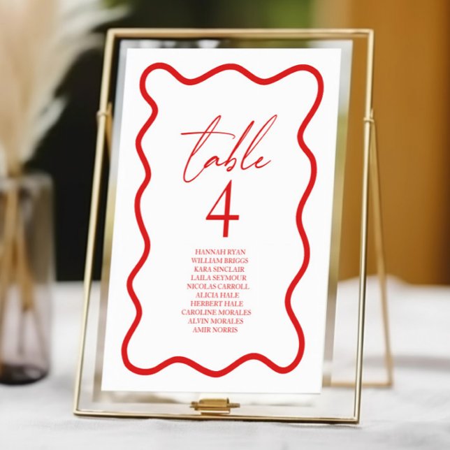 Numéro De Table Red White Elegant Wavy Border Wedding (Créateur téléchargé)