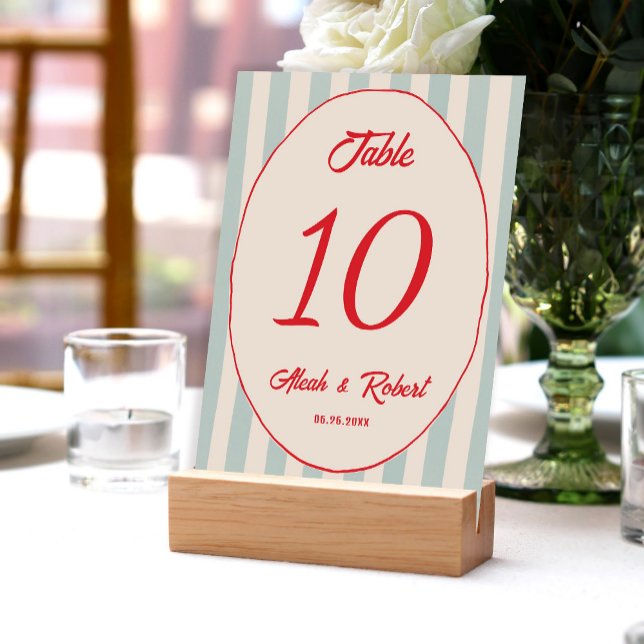 Numéro De Table Red Writing Blue Line Retro Wedding Table Number (Créateur téléchargé)