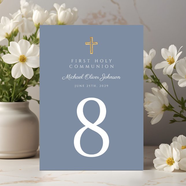 Numéro De Table Religieux Croix Bleue Garçon Première Communion (Religious Cross Blue Boy First Communion Table Number)