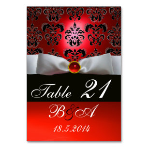 NUMÉRO DE TABLE RIBON BLANC, MONOGRAMME DE DAMASK ROUGE NOIR