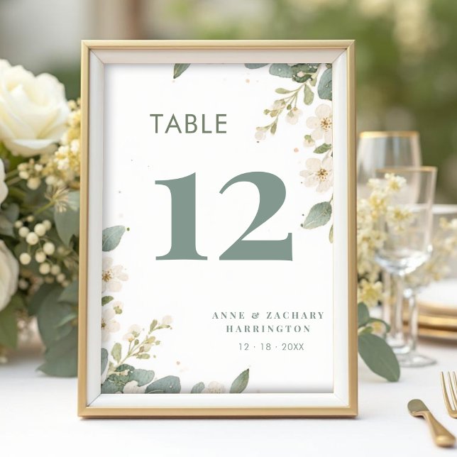 Numéro De Table Romantic Floral & Eucalyptus Branches Wedding (Romantic Floral and Eucalyptus Branches Wedding Table Number Cards with Elegant Greenery Frame.)