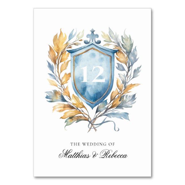 Numéro De Table Romantique Classique Bleu Monogramme Crest Mariage (Par défaut)