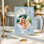 Numéro De Table Romantique Dusty Blue Floral Mariage Photo<br><div class="desc">Aquarelle bleu foncé romantique Mariage floral Les numéros de tableau photo présentent des fleurs de céleste bleu poussiéreux et de delphinium avec une végétation d'eucalyptus agrémentée de papillons. Ajoutez votre texte personnalisé dans un élégant script de calligraphie moderne. Ajoutez votre photo préférée et votre hashtag de mariage personnalisé. Ajoutez chaque...</div>