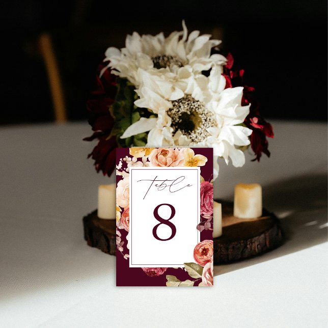 Numéro De Table Romantique Floral Profond Bourgogne  Fête de Maria (Créateur téléchargé)
