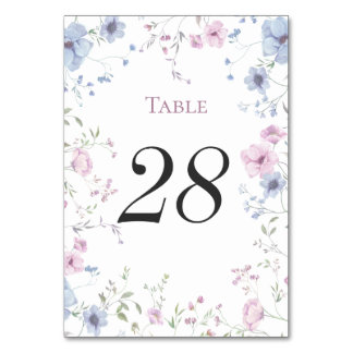 Numéro De Table Rose et Bleu Poussière Fleurs Aquarelle Mariage