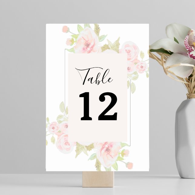 Numéro De Table Rose Florale Aquarelle Vert feuillage Rose Pâle (Blush Pink Rose Floral Watercolor Greenery Table Number)