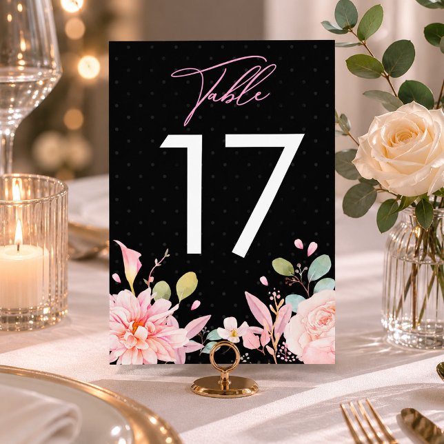 Numéro De Table Rose florale rose à l'aquarelle moderne noire (Modern Watercolor Pink Rose Floral Black Table Number, Wedding Table Signs, Wedding Favours)