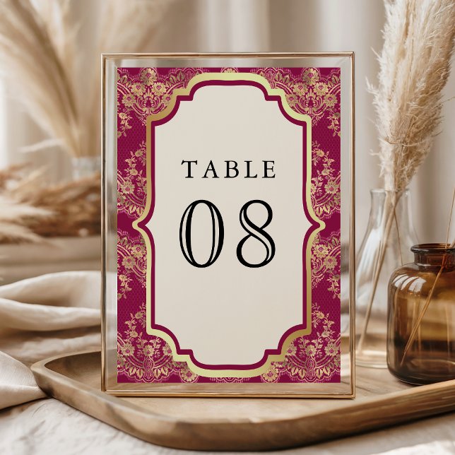 Numéro De Table Rose Fuschia Or Lace Dorée Mariage Indien (Créateur téléchargé)