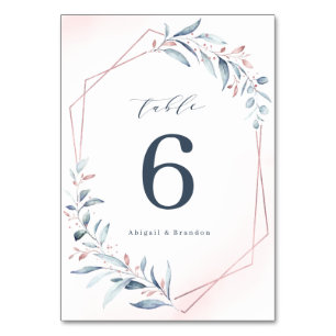 Numéro De Table Rose Gold Dusty Blue Greenery Mariage géométrique