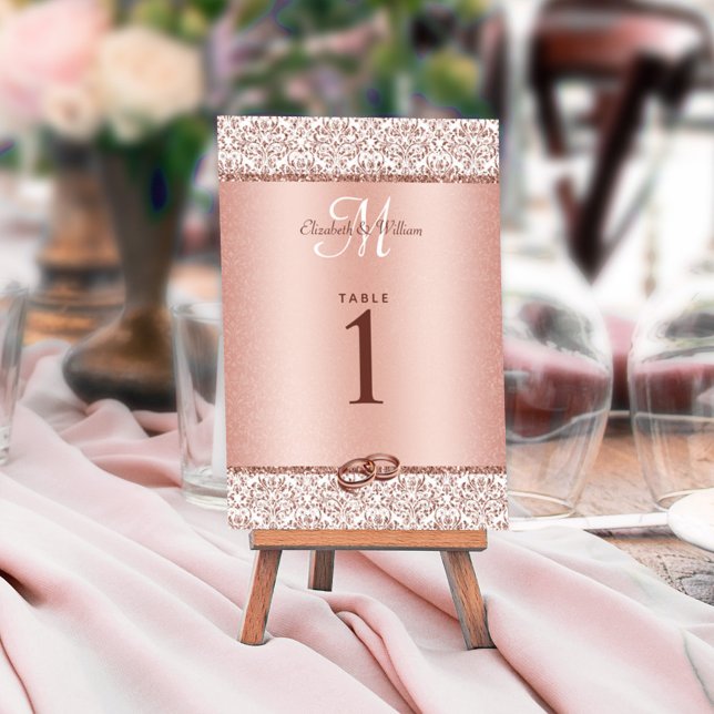 Numéro De Table Rose Gold Monogramme Damask Parties scintillant Ma (Créateur téléchargé)
