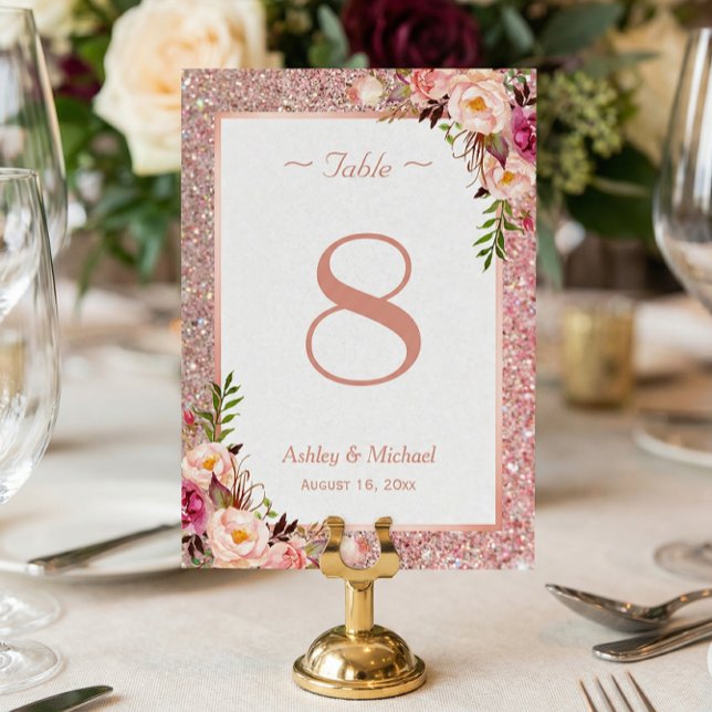 Numéro De Table Rose Gold Parties scintillant rose Floral Mariage  (Créateur téléchargé)