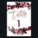 Numéro De Table Rose or script Floral rouge mariage numéro de tabl<br><div class="desc">Scénario d'or rose Floral vert chute rouge bordeaux numéro de table mariage avec peinture à la main feuille aquarelle rouge et élégante typographie d'or rose. L'arrière - plan de couleur blanche est entièrement personnalisable</div>