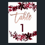 Numéro De Table Rose or script Floral rouge mariage numéro de tabl<br><div class="desc">Scénario d'or rose Floral vert chute rouge bordeaux numéro de table mariage avec peinture à la main feuille aquarelle rouge et élégante typographie d'or rose. L'arrière - plan de couleur blanche est entièrement personnalisable</div>