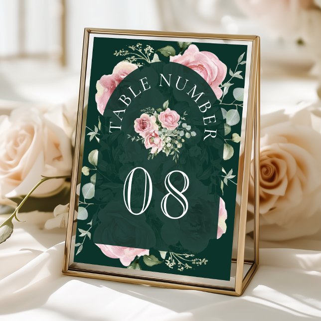 Numéro De Table Rose Pâle Floral Eucalyptus Vert Émeraude Mariage (Créateur téléchargé)