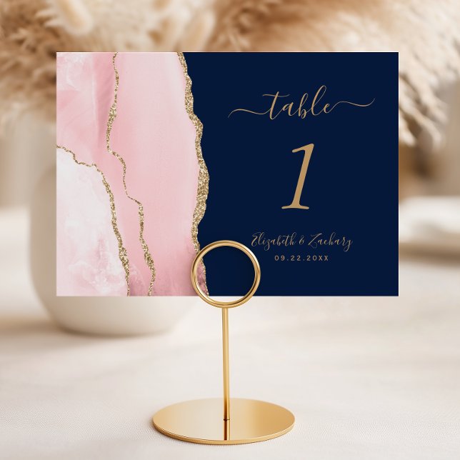 Numéro De Table Rose Pâle Or Agate Bleu Nuit Mariage (Créateur téléchargé)