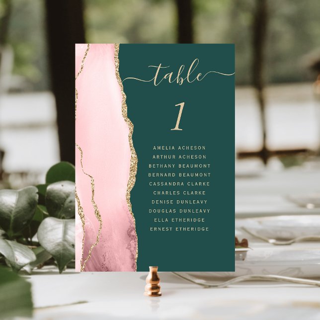 Numéro De Table Rose Pâle Or Agate Vert Émeraude Mariage (Créateur téléchargé)