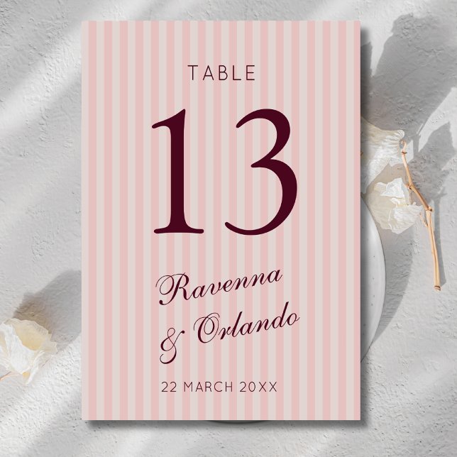 Numéro De Table Rose Pâle Rayures Rétro Mariage Bordeaux (Créateur téléchargé)