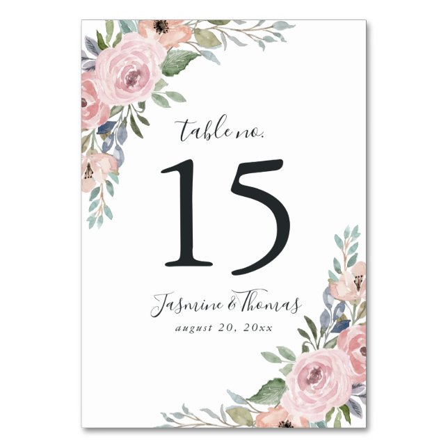 Numéro De Table Rose Poussiéreux Fleurs Aquarelle | Mariage (Par défaut)