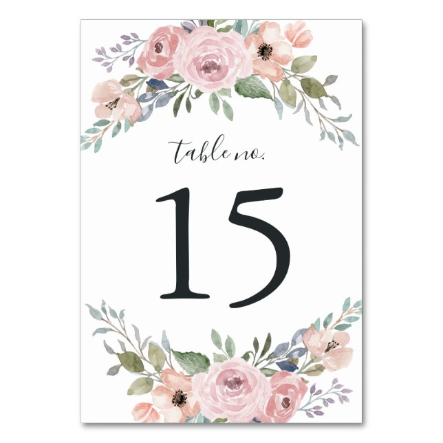 Numéro De Table Rose Poussiéreux Fleurs Aquarelle | Mariage (Par défaut)