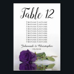 Numéro De Table Rose royal violet élégant tableau de mariage<br><div class="desc">Ces cartes de numéro de table vous permettront de trouver facilement votre place à la réception de votre mariage. Elles présentent un design simple mais élégant avec une calligraphie en dentelle et un seul rose de couleur violet royal allongé sur son côté avec des vagues ondulées et des reflets. La...</div>