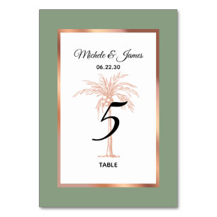Numéro De Table Rose Sage Gold Copper Palm Tree Moderne Mariage