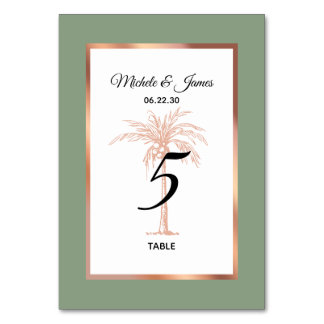 Numéro De Table Rose Sage Gold Copper Palm Tree Moderne Mariage