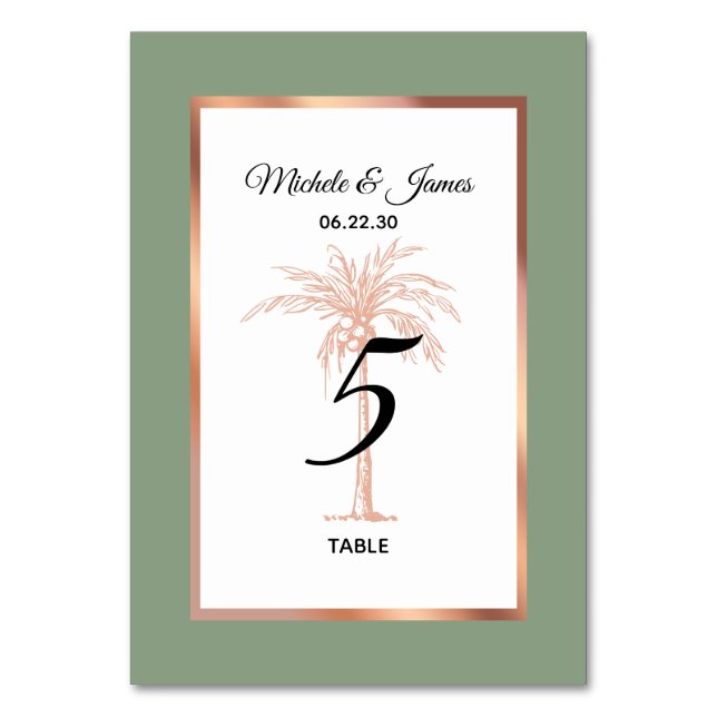 Numéro De Table Rose Sage Gold Copper Palm Tree Moderne Mariage (Par défaut)