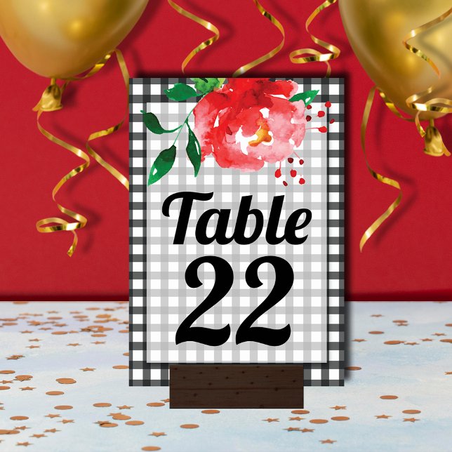 Numéro De Table Rose sur le Jour du Derby En vichy noir et blanc (Red rose on black and white gingham Derby day table number cards 3.5" x 5")