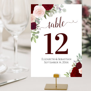 Numéro De Table Roses aquarelle Elégant Mariage rouge Bourgogne