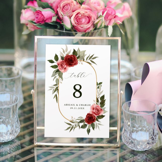 Numéro De Table Roses aquarelles rouges romantiques Mariage blanc (Créateur téléchargé)