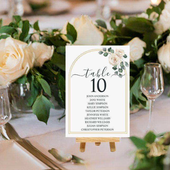 Numéro De Table Roses blanches Mariage Floral Romantique de Printe (Front view minimal floral golden wedding arch elegant luxury classic wedding table number card)