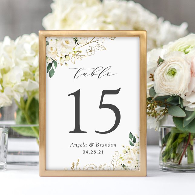 Numéro De Table Roses blanches vertes Floral Mariage Numéro de tab (Créateur téléchargé)